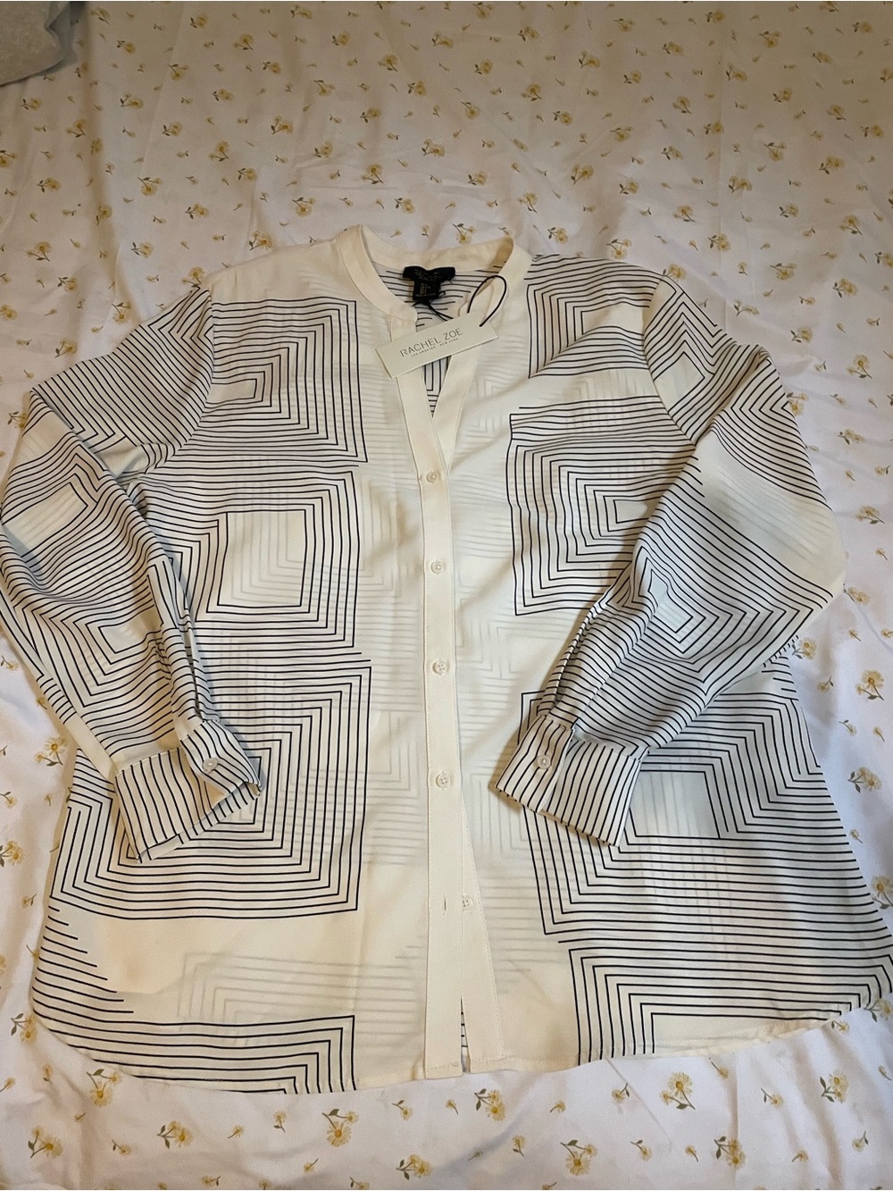 Rachel Zoe Cream and Black Geometric Stripe Button-Up Blouse